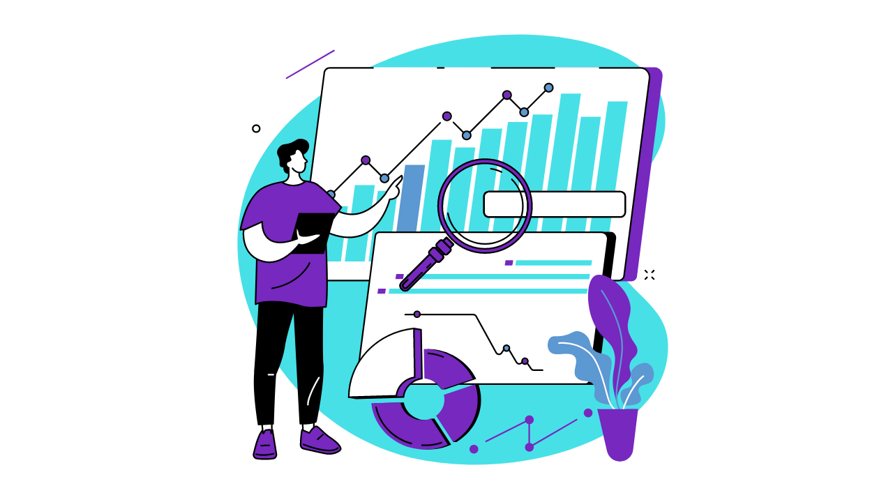 An illustration of a man next to graphics and charts