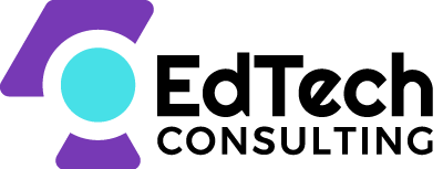 Logo for EdTech Consulting. The design features a stylized abstract shape resembling a learner with a purple cap and body and turquoise circle at the center to resemble the face. To the right, the company name "EdTech CONSULTING" is written in bold black text, with "EdTech" in larger font and "CONSULTING" in all caps below.